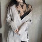 Long-sleeve Lace Top / V-neck Tie-waist Cardigan