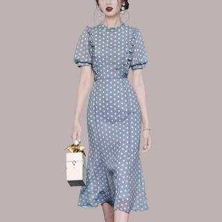 Puff-sleeve Dotted Chiffon Midi A-line Dress