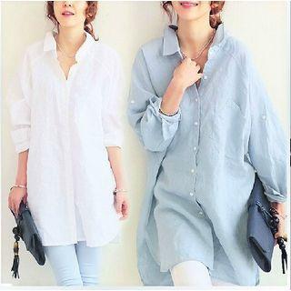 Long-sleeve Plain Mini Shirt Dress