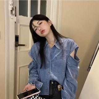 Long-sleeve Cutout Denim Shirt