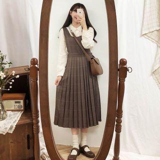 Plaid Pleated Midi A-line Overall Dress