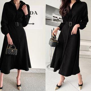 Hidden-button Long Shirtdress With Belt Black - One Size