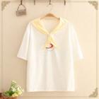 Mock Two Piece Cat Print Color-block Top White - One Size