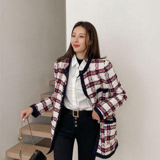 Longline Plaid Tweed Jacket Ivory - One Size