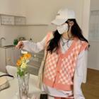 Checkerboard Pattern Button-up Sweater Vest