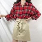 3/4-sleeve Plaid Shirt / Buttoned A-line Skirt