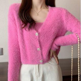 Fluffy Cardigan / Spaghetti Strap Knit Top