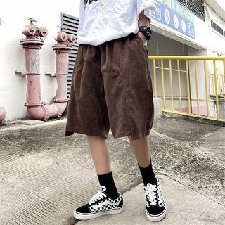 Elastic Waist Plain Corduroy Wide-leg Shorts