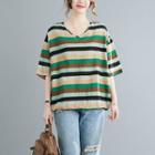 Elbow-sleeve Striped T-shirt Green & Beige & Black - One Size