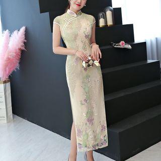 Cap-sleeve Floral Embroidered Maxi Qipao