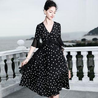 Elbow-sleeve Dotted A-line Midi Dress