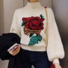 Flower Embroidered Mock Neck Sweater
