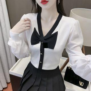 Contrast Trim Ribbon Chiffon Panel Knit Top