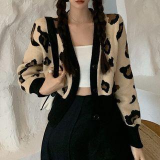 Leopard Print Cropped Cardigan Leopard - Beige - One Size