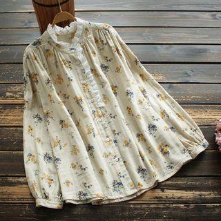 Long-sleeve Floral Print Blouse Beige - One Size