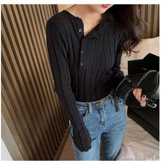 Asymmetric Button-up Long-sleeve Knit Top