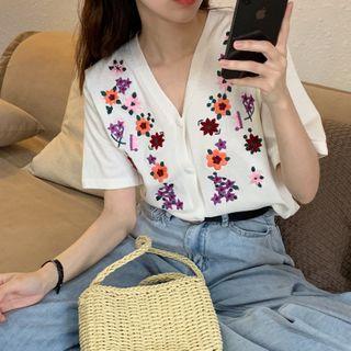 V-neck Embroidered Short-sleeve Cardigan