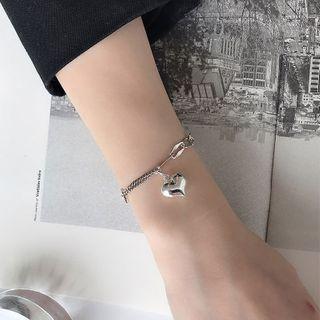 925 Sterling Silver Heart Bracelet Sl0220 - Silver - One Size