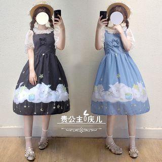 Elbow-sleeve Sheer Top / Sleeveless Print A-line Midi Dress