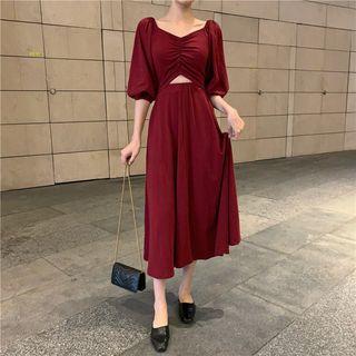 Elbow-sleeve Cut-out Midi A-line Dress