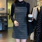 Spaghetti Strap Plaid Mini A-line Dress / Mock-neck T-shirt