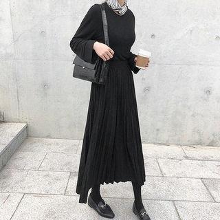 Faux-suede Accordion-pleat Maxi Skirt Black - One Size