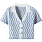 Collared Zigzag Pattern Cropped Cardigan Light Blue - One Size