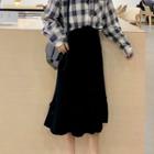 Plaid Shirt / High Waist Midi Knit Skirt