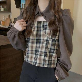 Cutout Plaid Panel Blouse