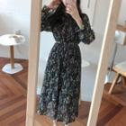Long-sleeve Floral Midi Accordion Pleat Dress As Shown In Figure - One Size