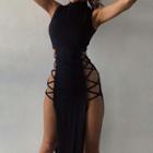 Sleeveless Lace Up Side-slit Maxi Bodycon Dress