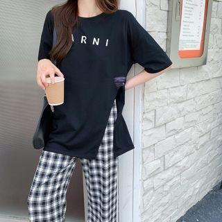 Elbow-sleeve Lettering Slit T-shirt / Plaid Straight-leg Pants