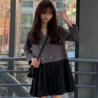 Long-sleeve Double-breasted Mini Pleated Dress