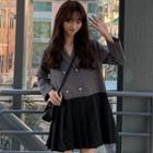 Long-sleeve Double-breasted Mini Pleated Dress