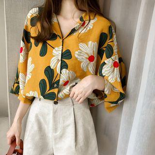 3/4-sleeve Flower Print Chiffon Shirt
