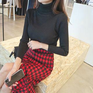 Set: Turtleneck Knit Top + Plaid Mermaid Skirt