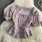 Square Neck Floral Ruffle Puff Short Sleeve Crop Top