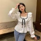 Bell-sleeve Square Neck Crinkle Blouse White - One Size