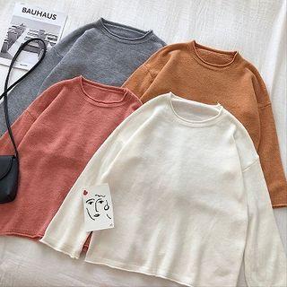 Plain Roll-up Crewneck Long-sleeve Knit Top