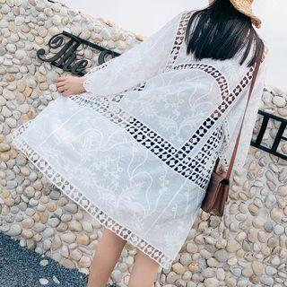 Crochet Lace 3/4-sleeve Open Front Long Jacket White - One Size