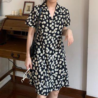 Short-sleeve Floral Print Mini A-line Shirtdress Black - One Size