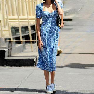 Short-sleeve Floral Print Square Neck Midi Dress