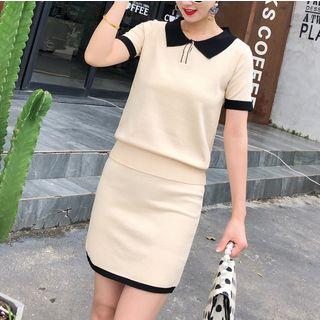 Set: Short-sleeve Contrast Trim Knit Polo Shirt + Mini Fitted Skirt