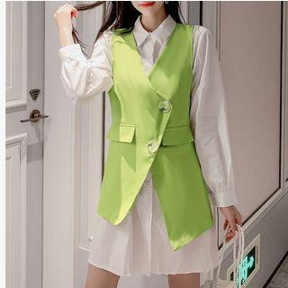 Set: Plain Long Vest + Long-sleeve Shirtdress