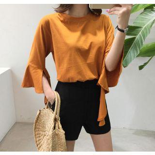 3/4-sleeve Ruffle Slit-cuff T-shirt