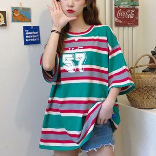 Short Sleeve Striped Tee As Shown In Figure - One Size