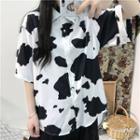 Elbow-sleeve Cow Print Shirt White - One Size