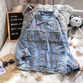 Washed Cartoon Print Denim Jacket Blue - One Size
