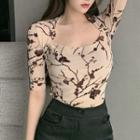 Short-sleeve Floral T-shirt Brown & Beige - One Size