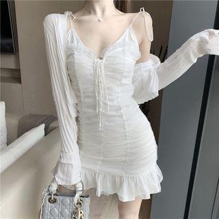 Spaghetti Strap Frill Trim Mini Mermaid Dress / Cardigan